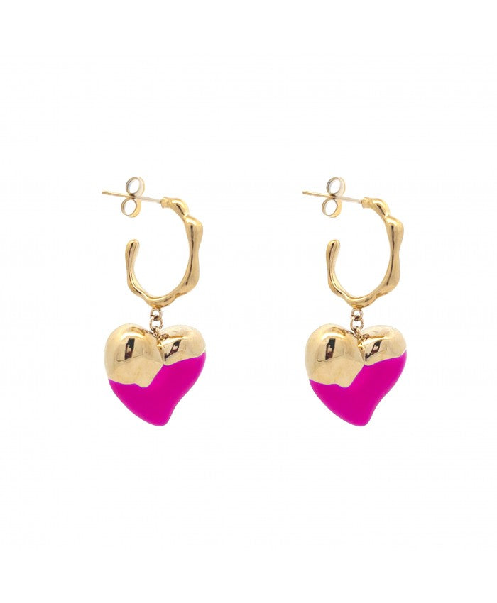 Orecchini cuore smaltato Oro-Fucsia