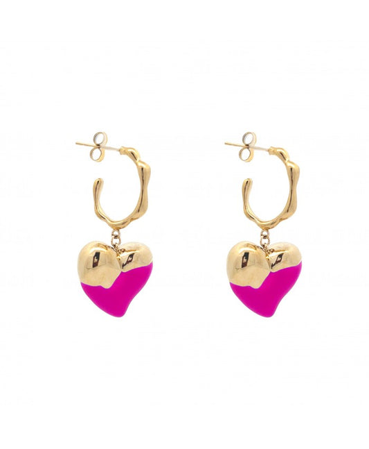 Orecchini cuore smaltato Oro-Fucsia